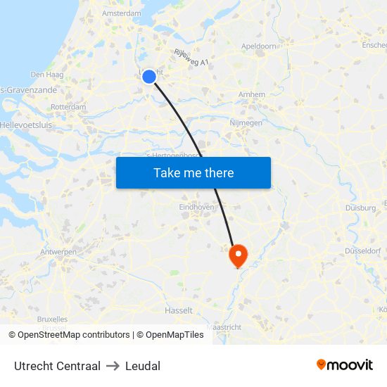 Utrecht Centraal to Leudal map