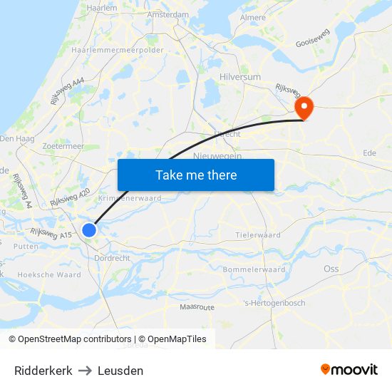 Ridderkerk to Leusden map