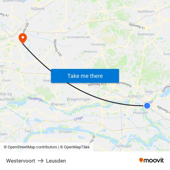 Westervoort to Leusden map