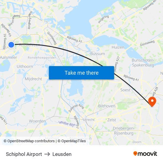 Schiphol Airport to Leusden map