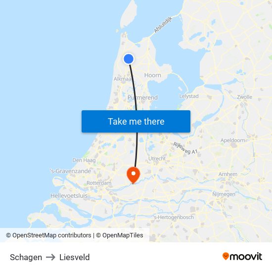 Schagen to Liesveld map
