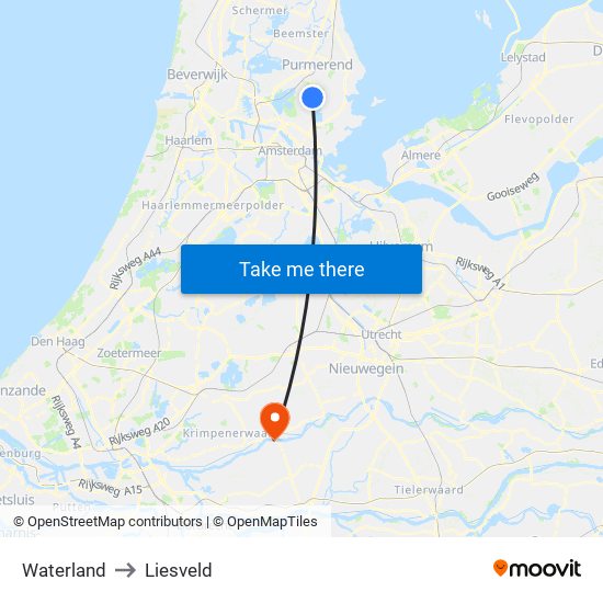 Waterland to Liesveld map