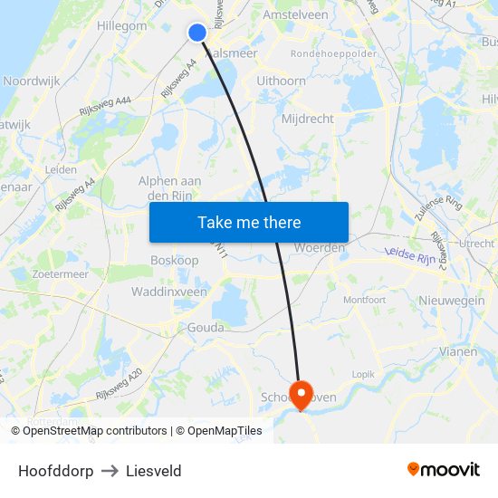 Hoofddorp to Liesveld map