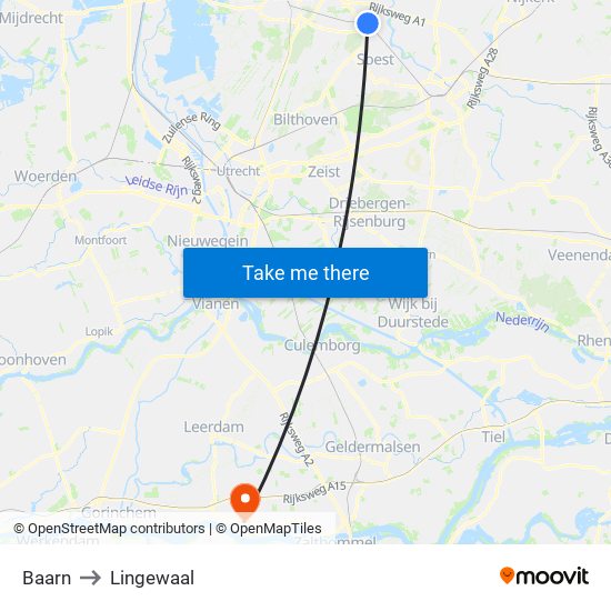 Baarn to Lingewaal map