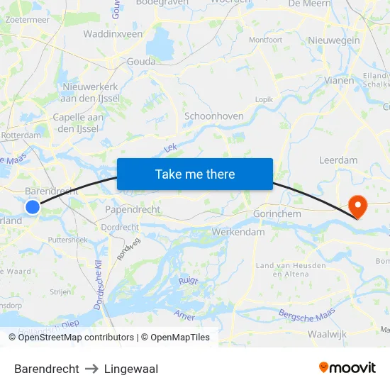 Barendrecht to Lingewaal map