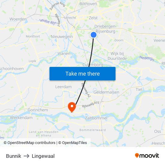 Bunnik to Lingewaal map