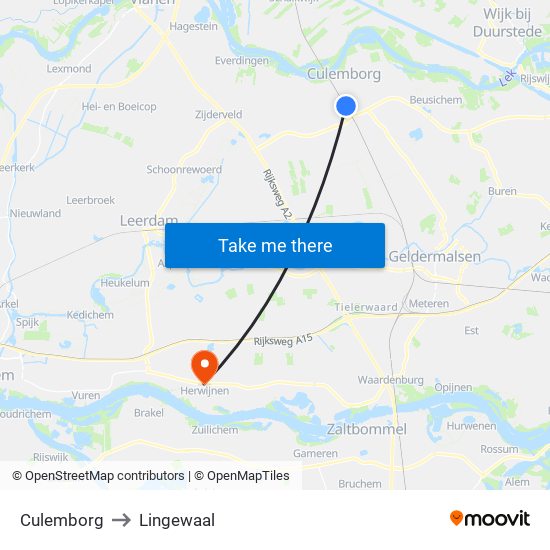 Culemborg to Lingewaal map