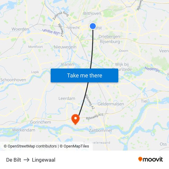 De Bilt to Lingewaal map
