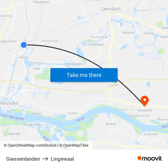 Giessenlanden to Lingewaal map