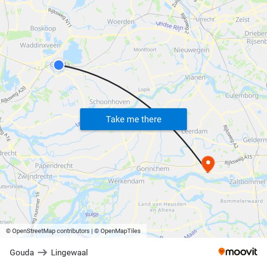 Gouda to Lingewaal map
