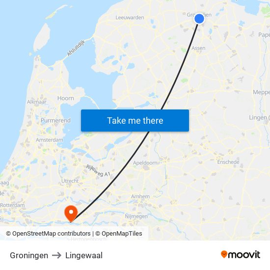 Groningen to Lingewaal map