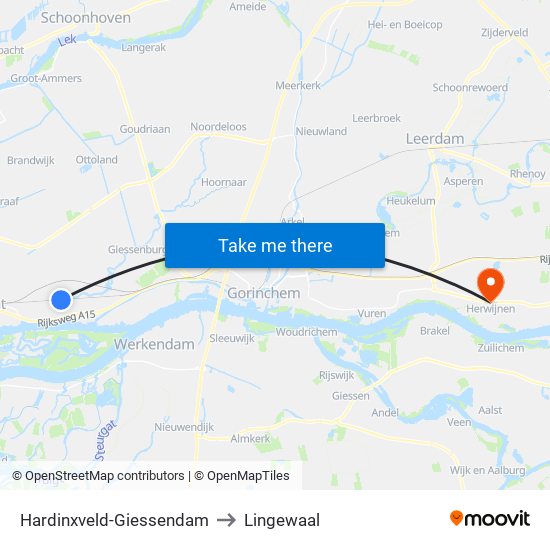 Hardinxveld-Giessendam to Lingewaal map