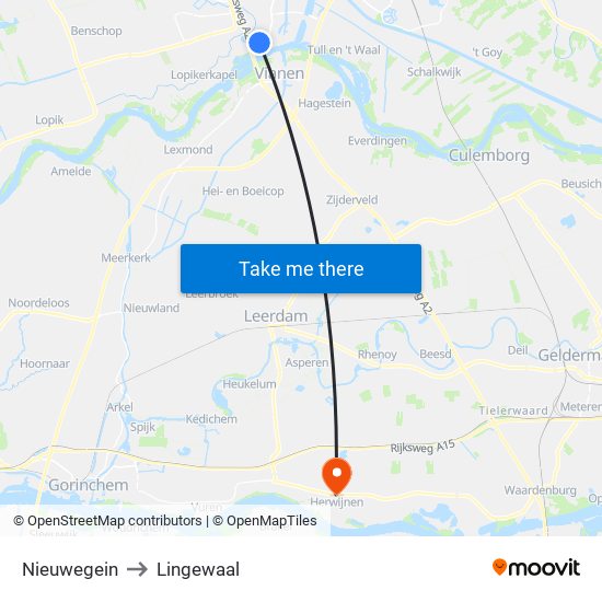 Nieuwegein to Lingewaal map