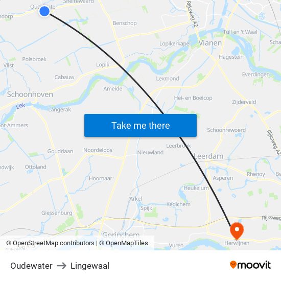 Oudewater to Lingewaal map