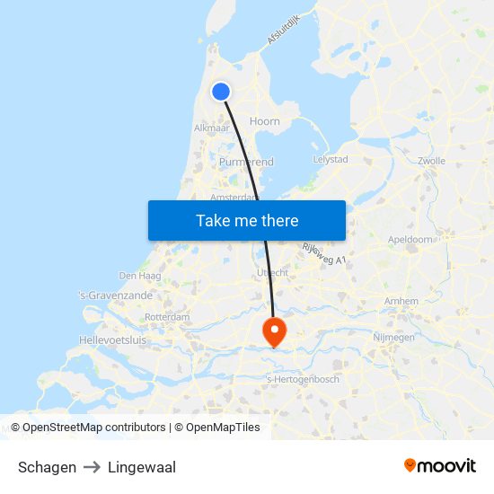 Schagen to Lingewaal map