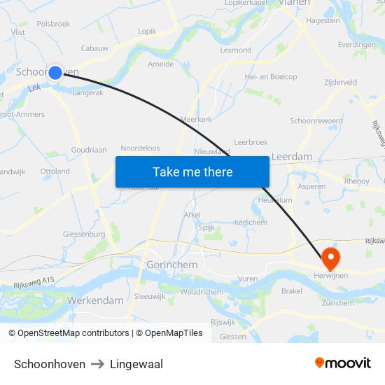 Schoonhoven to Lingewaal map