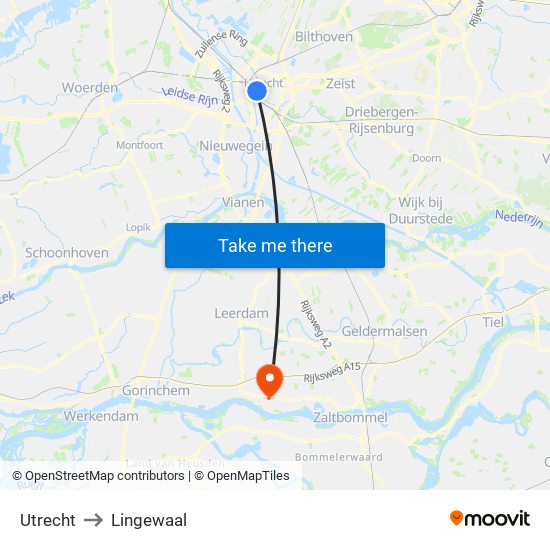 Utrecht to Lingewaal map