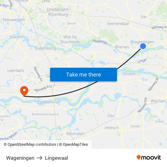 Wageningen to Lingewaal map
