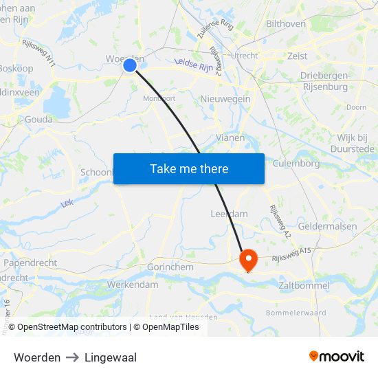 Woerden to Lingewaal map