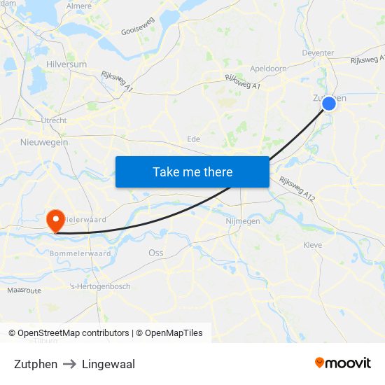 Zutphen to Lingewaal map