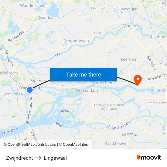 Zwijndrecht to Lingewaal map