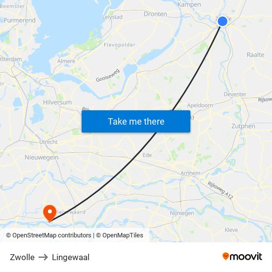 Zwolle to Lingewaal map