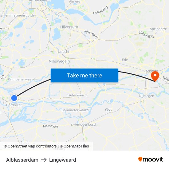 Alblasserdam to Lingewaard map