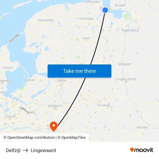 Delfzijl to Lingewaard map