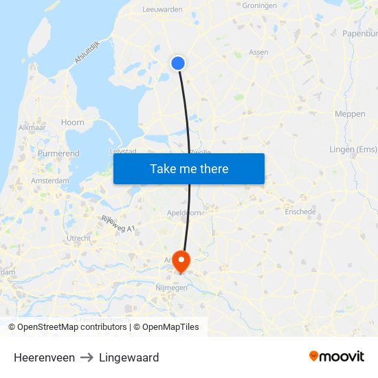Heerenveen to Lingewaard map
