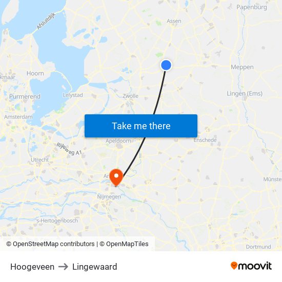 Hoogeveen to Lingewaard map