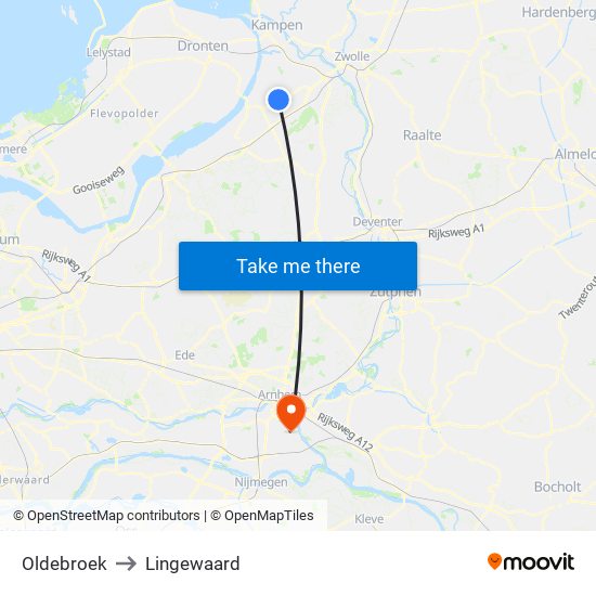 Oldebroek to Lingewaard map