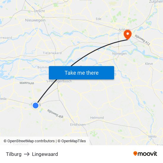 Tilburg to Lingewaard map