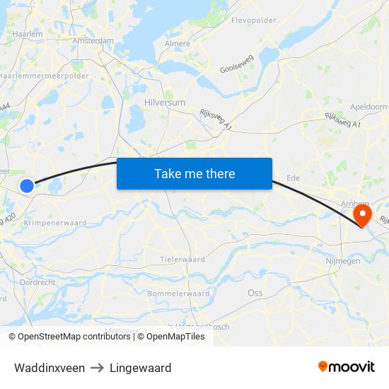 Waddinxveen to Lingewaard map