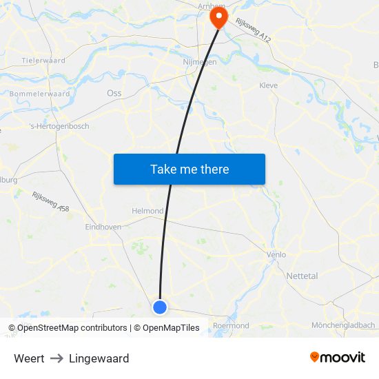 Weert to Lingewaard map