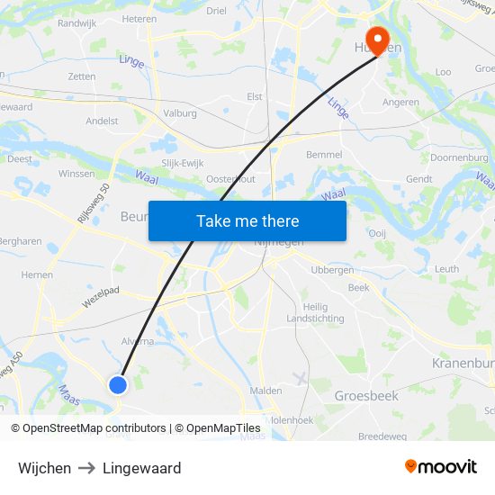 Wijchen to Lingewaard map