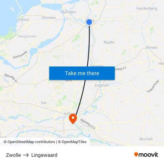 Zwolle to Lingewaard map