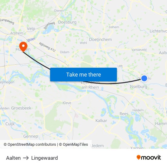 Aalten to Lingewaard map