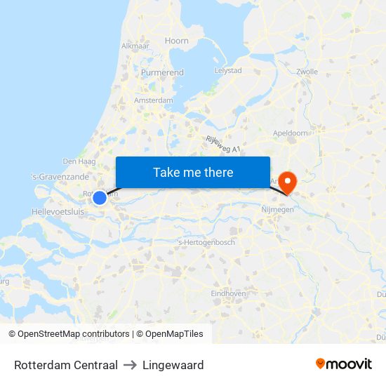 Rotterdam Centraal to Lingewaard map