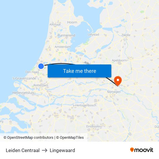 Leiden Centraal to Lingewaard map