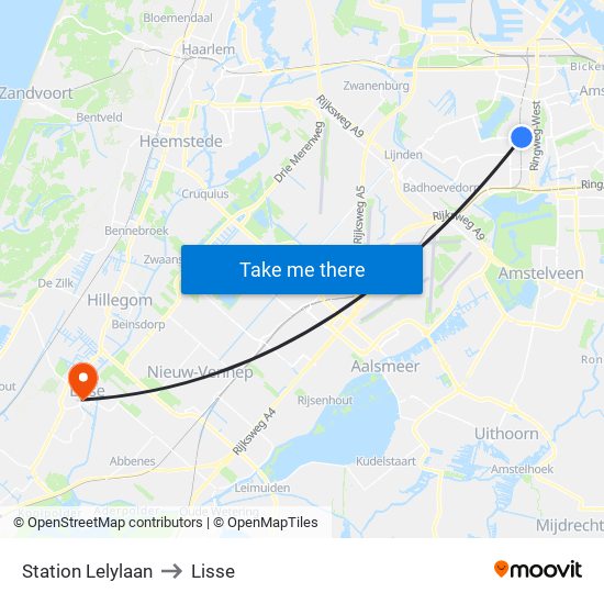 Station Lelylaan to Lisse map