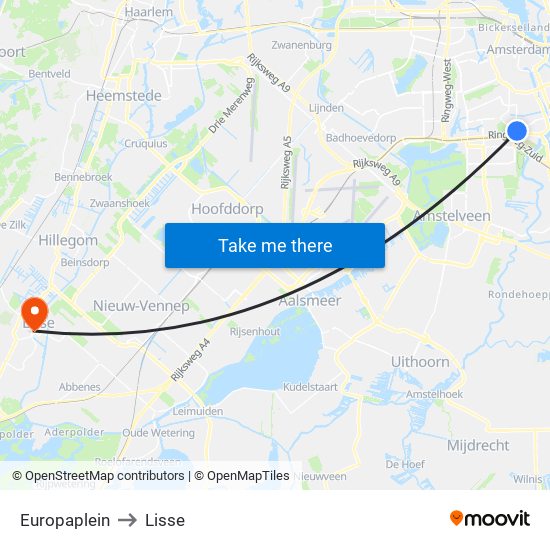 Europaplein to Lisse map