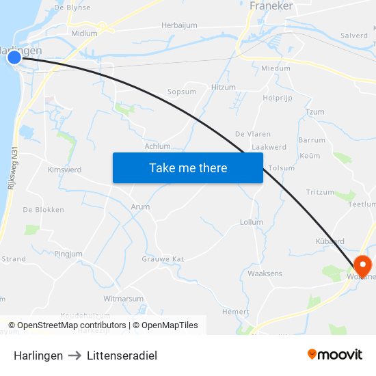 Harlingen to Littenseradiel map