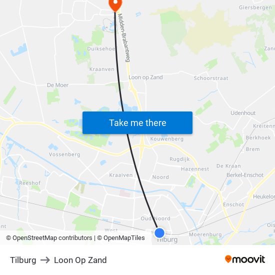 Tilburg to Loon Op Zand map