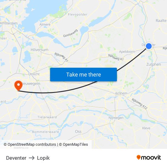 Deventer to Lopik map