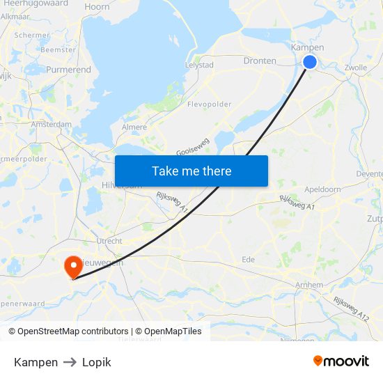 Kampen to Lopik map