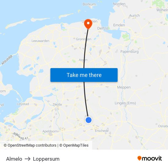 Almelo to Loppersum map