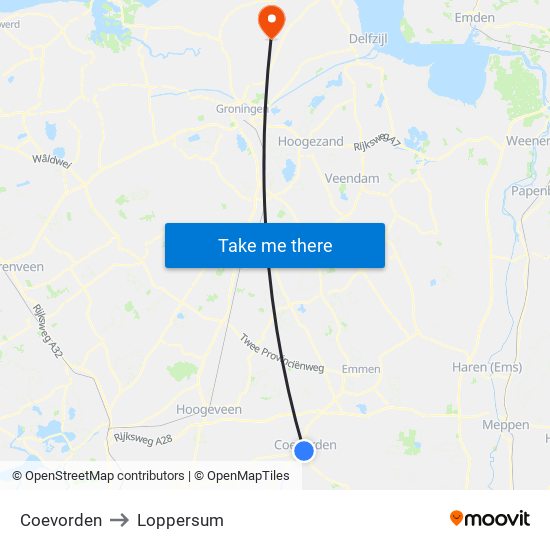 Coevorden to Loppersum map