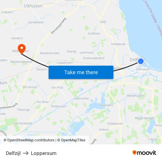 Delfzijl to Loppersum map