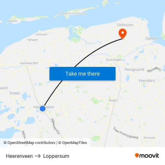 Heerenveen to Loppersum map