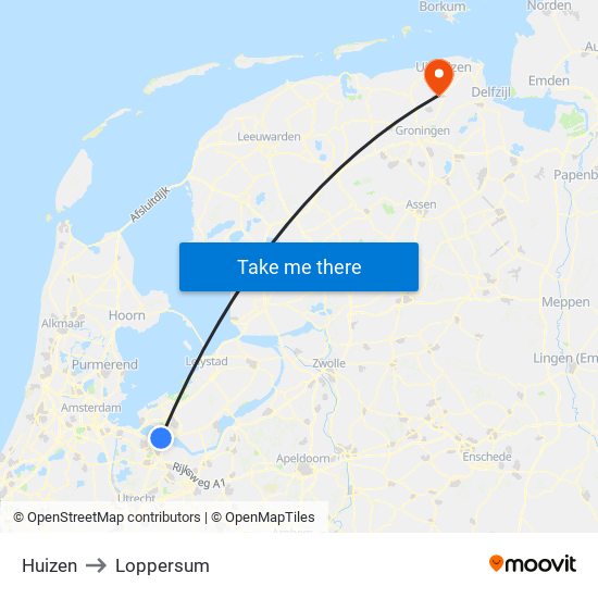 Huizen to Loppersum map